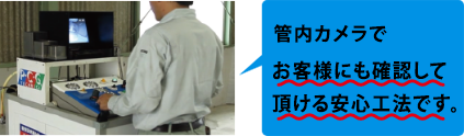 管内カメラでお客様にも確認して頂ける安心工法です。